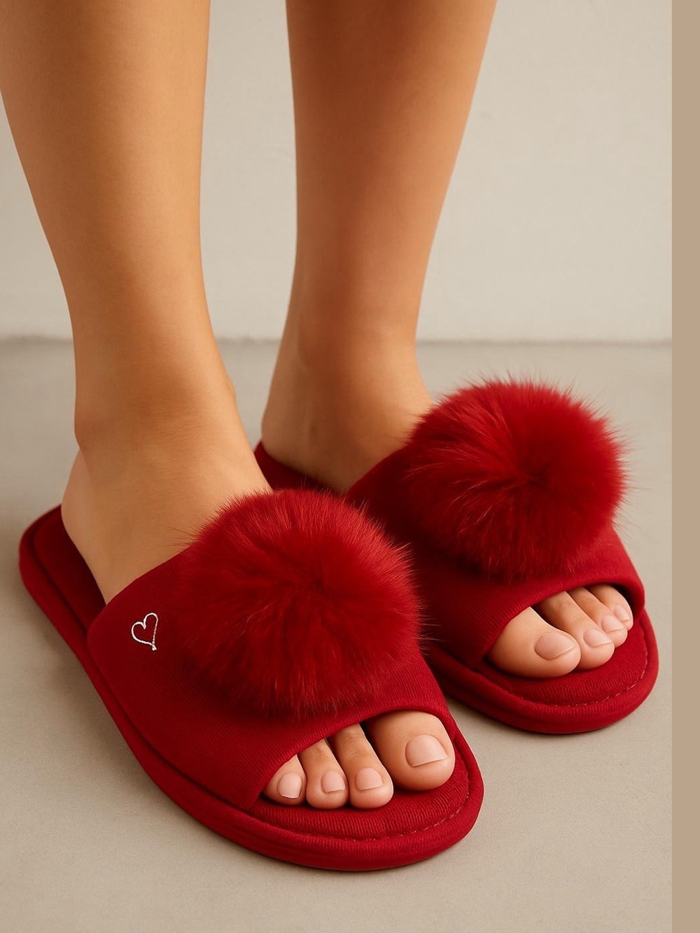 Victoria's Secret Red fuzzy Slide Slippers Pom poms sz medium 7/8 NEW WITH TAGS